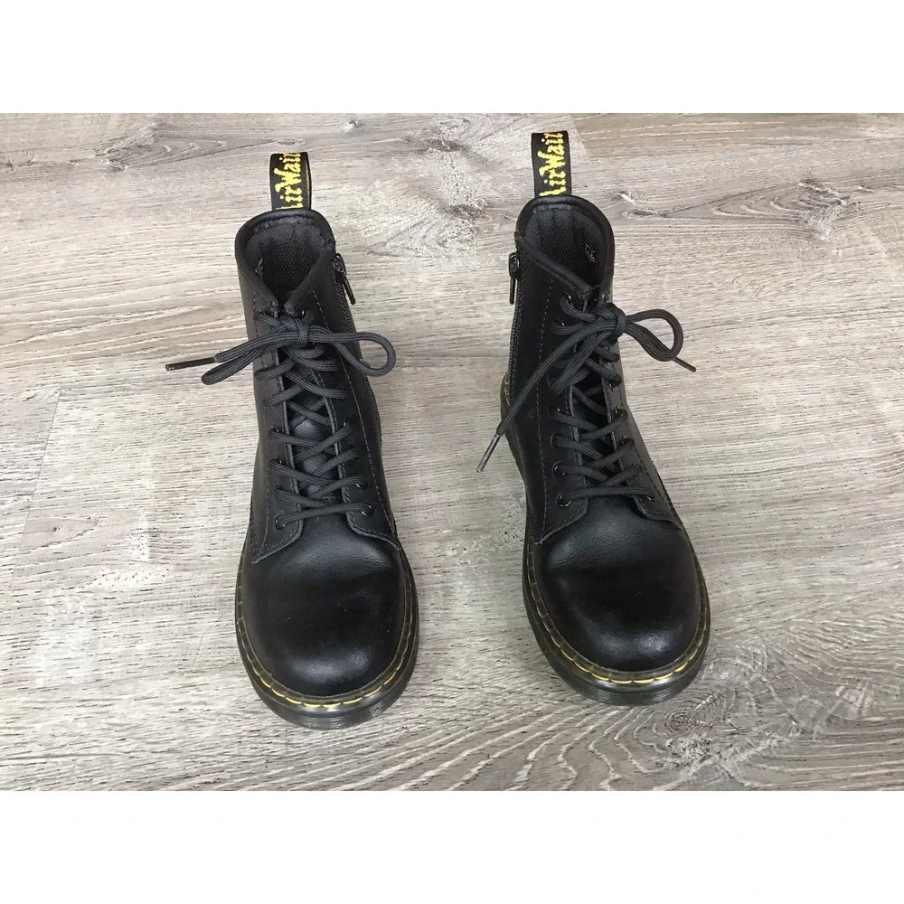Doc Martens Zavala J Leather Combat Boots Black Kids Size 3 Youth Boot Dr.